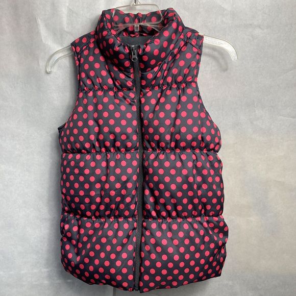 Old Navy Girls Frost Free Puffer Vest Grey Pink size XL 14 Full Zip Polka Dots - Picture 1 of 6